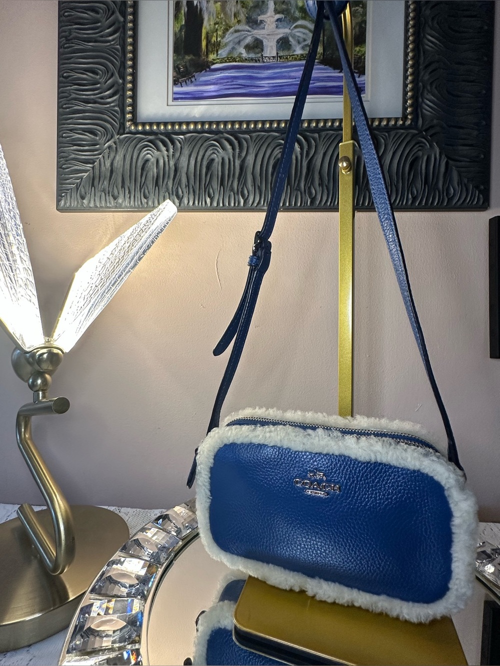 Coach Blue Pebbled Leather Crossbody with White Shearling Trim